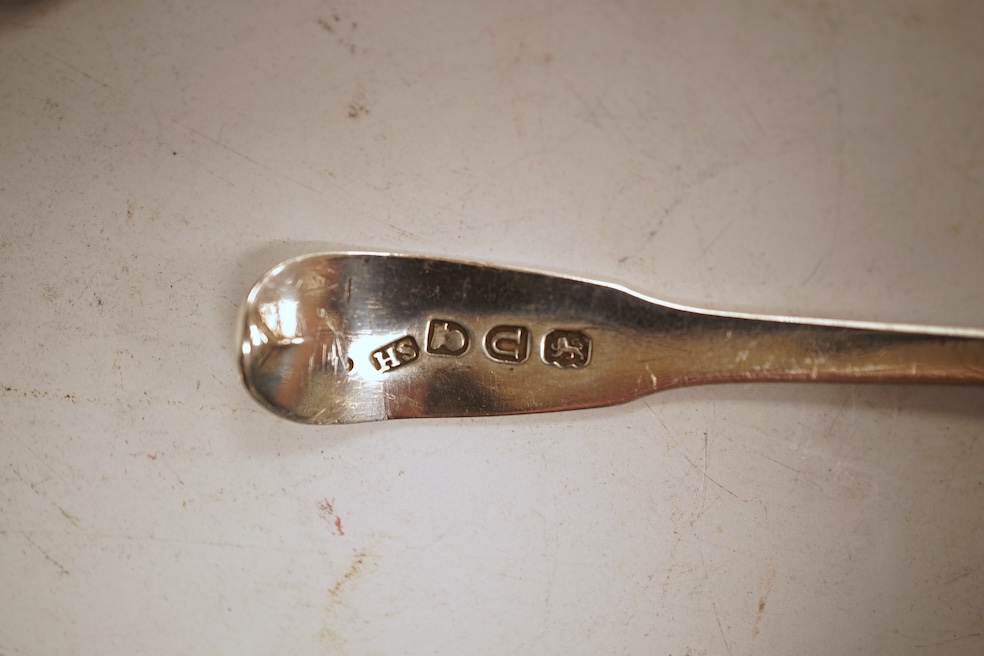 A small collection of nine assorted Georgian and later small silver or white metal spoons, including mustard ladles and other condiment spoons, a caddy spoon, London, 1799, together with a 19th century Russian 84 zolotni
